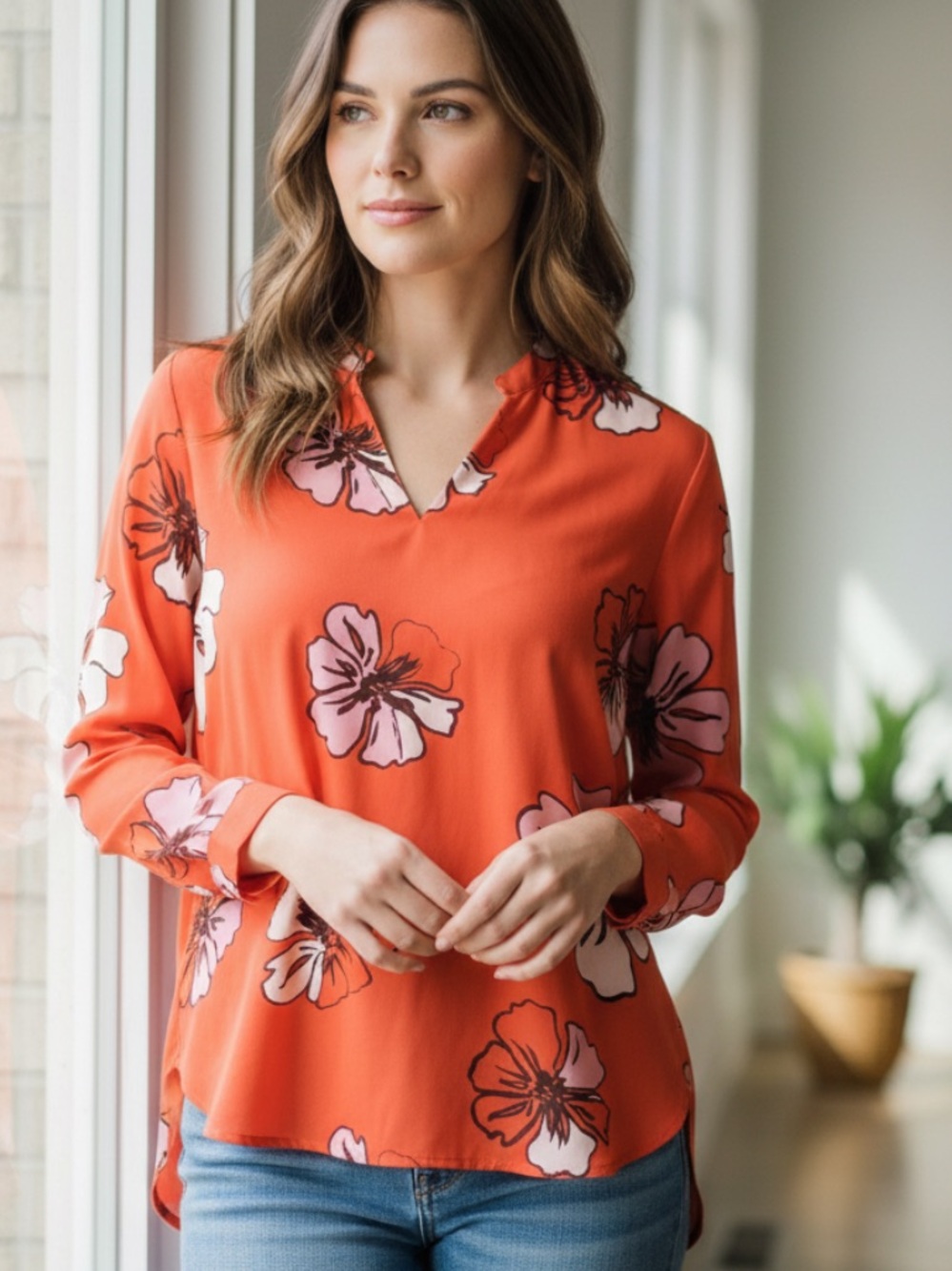 Women’s Vince Camuto Split-Neck Long Sleeve Blouse - Orange Floral